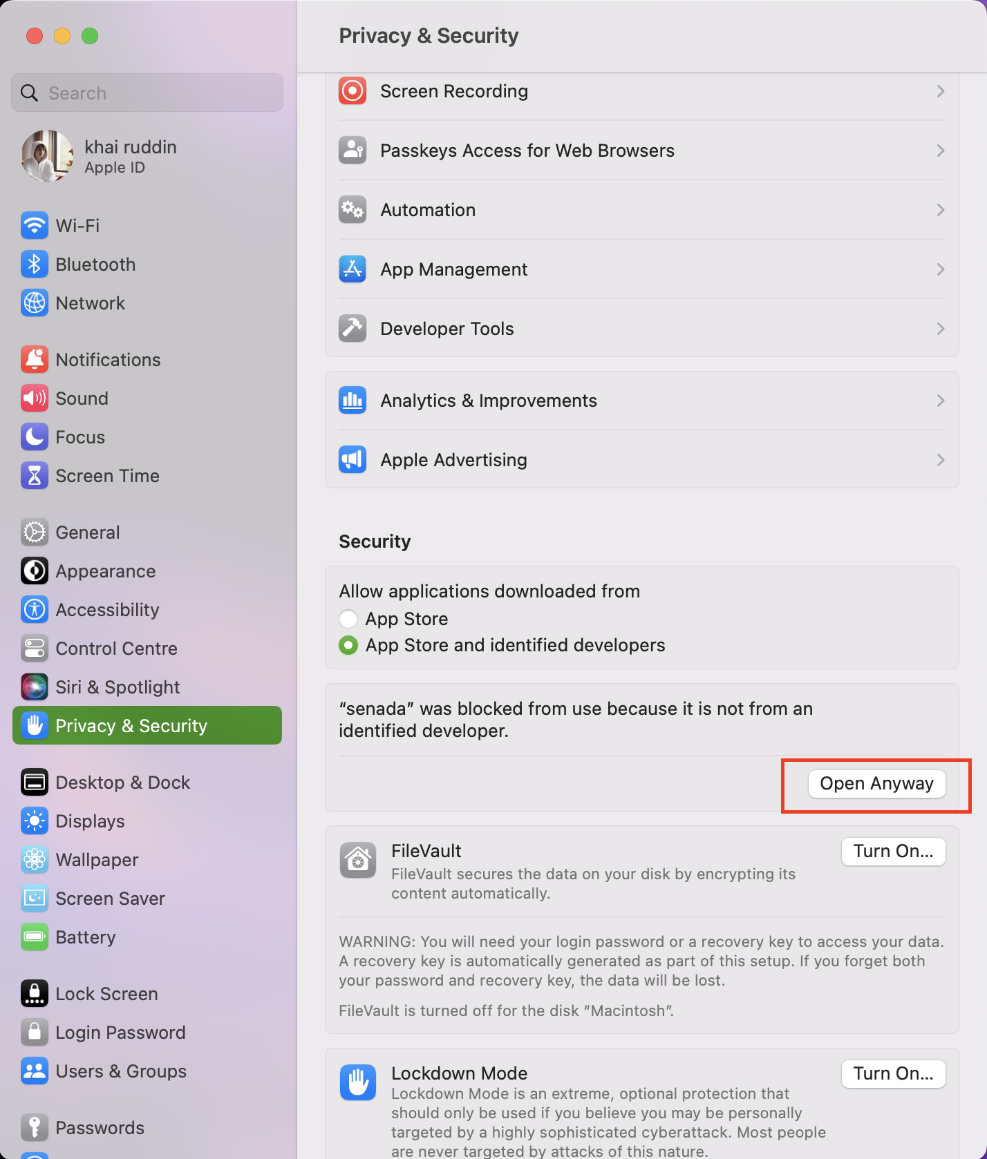Mac Privacy & Security — click Open Anyway